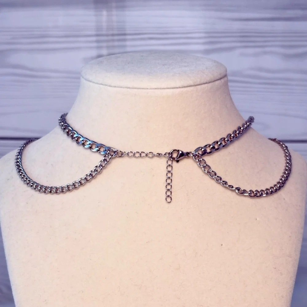 Elegant Silver Cross Double Chain Choker‎ Necklace
